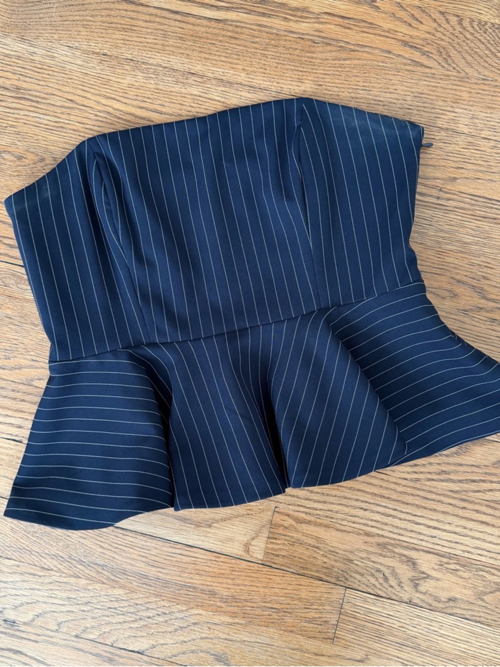 BCBG Navy Pinstripe Peplum Strapless top